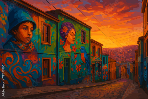 Vibrant street murals depicting a young boy and a serene woman with colorful patterns and a bird adorn buildings under a dramatic sunset sky in a cobblestone alley.