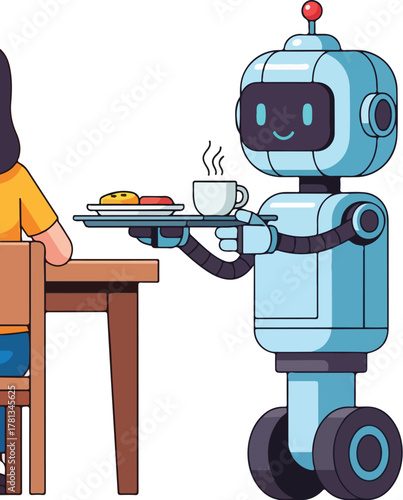 Robot serves breakfast to woman at table with tray and cup