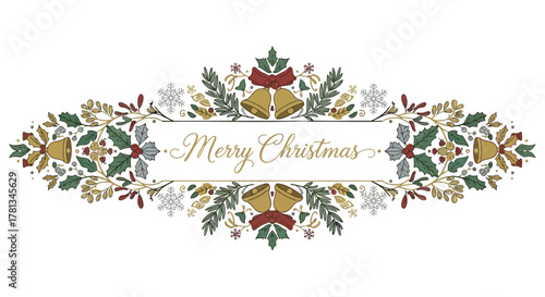 Elegant merry christmas banner with festive holly berries bells and snowflakes border design