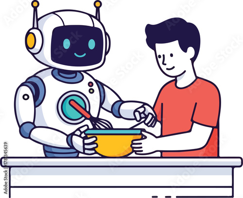 Robot and human collaborate in the kitchen mixing ingredients in a bowl showcasing teamwork and modern assistance.