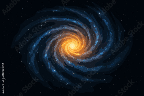 Spiral galaxy with bright orange center and swirling blue arms surrounded by a starry night sky.