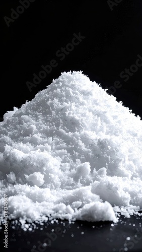 A stark, high-contrast close-up of a white, crystalline powder pile on black