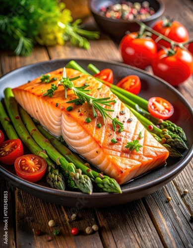 Grilled salmon fillet on a bed of asparagus with fresh cherry tomatoes