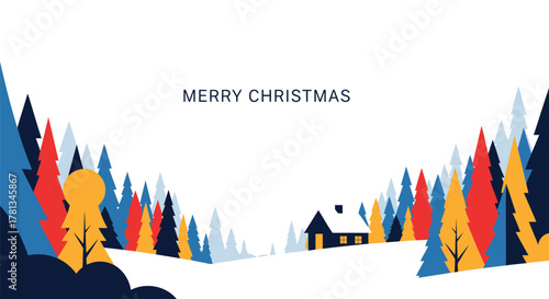 Stylized merry christmas greeting card with a cozy winter cabin nestled among colorful pine trees