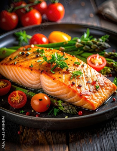 Grilled salmon fillet with fresh asparagus, cherry tomatoes, and herbs on a plate