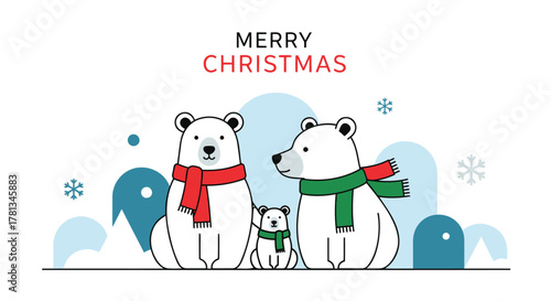 Cute polar bear family wearing scarves and wishing merry christmas with snowflakes and abstract winter landscape