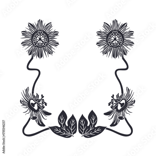 Art nouveau vintage hand drawn black and white passion flower silhouette frame vector illustration. Monochrome floral border card template