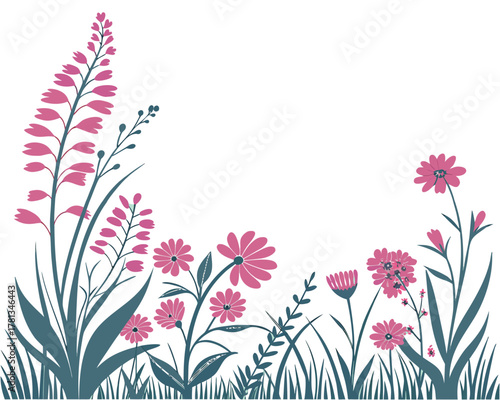Elegant Floral Illustration with Pink Flowers and Green Foliage on White Background Design Element