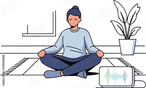 Woman Meditating with Smartphone and Plant.