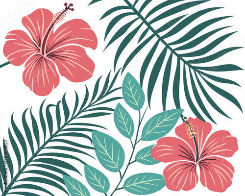 Tropical Floral Pattern with Hibiscus Flowers and Palm Leaves Freshness of Summer Design