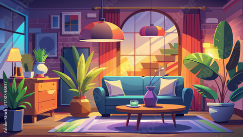 Very beautiful living room interior with a warm glowing lamp, stylish modern furniture, indoor plants, soft shadows, and a clean cozy atmosphere in a realistic home design scene.