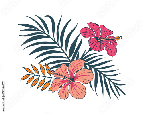 Tropical Hibiscus Flowers and Palm Leaves Illustration Design Perfect for Summer Vacation and Botanical Themes Isolated on White