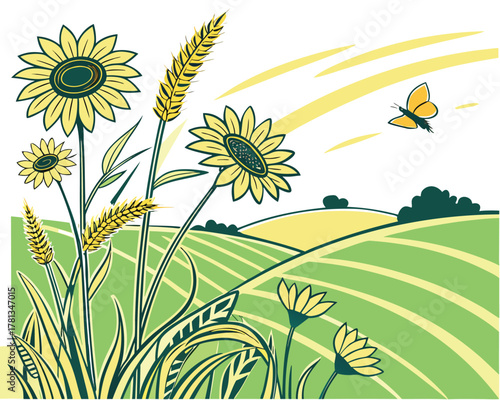 Sunflowers and Wheat Field Landscape Vector Illustration with Butterfly and Rolling Hills Agriculture Concept