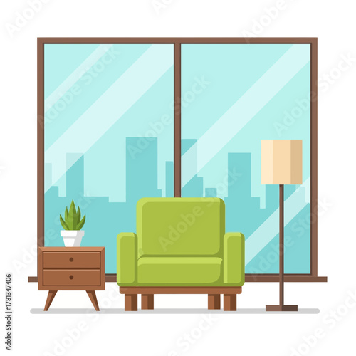 Cozy Living Room Scene with Green Armchair, Side Table, and Floor Lamp, Overlooking a City Skyline