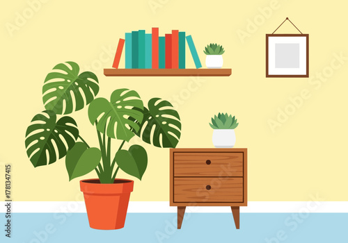 Cozy Interior with Monstera Plant, Bookshelf, and Nightstand for Home Decor