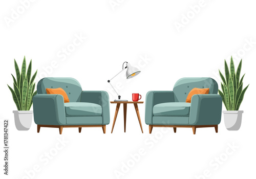 Cozy and Modern Living Room Interior Scene with Teal Armchairs, Coffee Table, Reading Lamp, and Lush Green Houseplants for a Relaxing Atmosphere