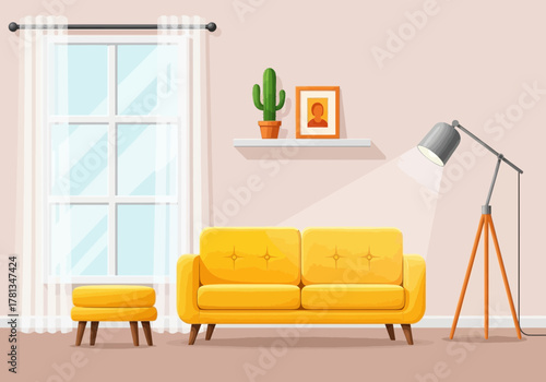 A bright and stylish living room interior featuring a yellow couch, ottoman, and floor lamp under a window