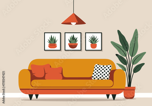 Cozy Living Room Illustration with Plants and Orange Sofa for Home Decor Ideas