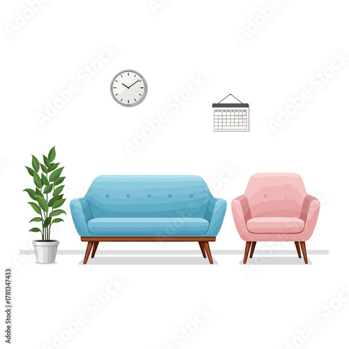 Minimalist Interior Design Illustration with Modern Blue Sofa, Pink Armchair, and Green Potted Plant, Complemented by a Wall Clock and Calendar for Contemporary Home Decor Concepts