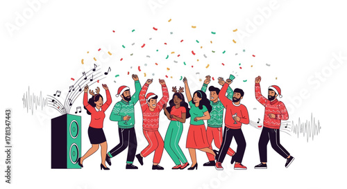 Diverse group of friends celebrating christmas with music dancing and confetti in festive sweaters
