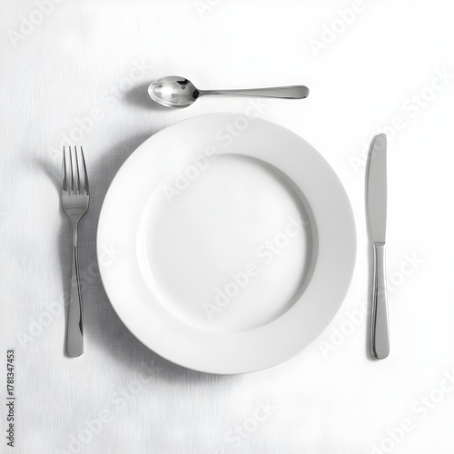 Fototapeta Naklejka Na Ścianę i Meble -  Plato vacío con cubiertos ordenados a los lados sobre fondo blanco, concepto de diseño de menú o mockup gastronómico