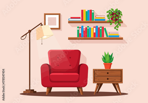Cozy reading nook illustration with a red armchair, floor lamp, and bookshelves. Comfortable living room interior design concept