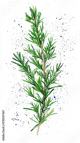 Fresh rosemary sprig with vibrant green leaves, surrounded by colorful splashes. This botanical illustration captures essence of this aromatic herb, perfect for culinary use