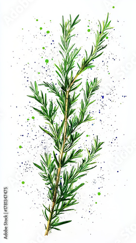 Fresh rosemary branch with vibrant green leaves and colorful splashes in background, perfect for culinary and artistic themes