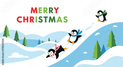 Cute cartoon penguins sliding down snowy hills with merry christmas text