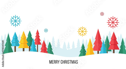 Colorful flat design christmas trees and snowflakes on a snowy hillside with merry christmas text