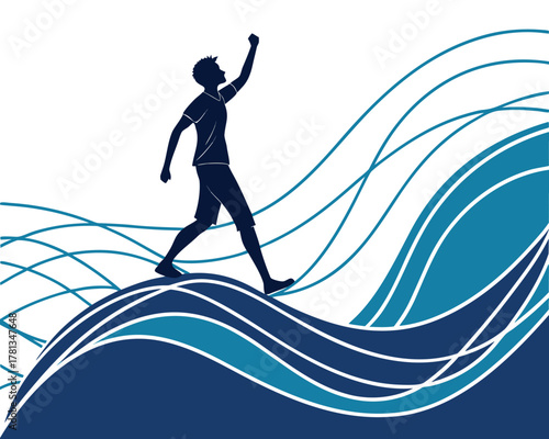 Silhouette of a man celebrating success on a wave of opportunity representing personal achievement and overcoming challenges for motivation and inspiration