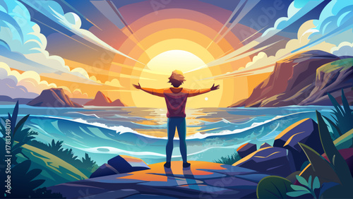 A traveler facing the glowing horizon by the sea, arms outstretched in the fresh morning light, waves gently touching the shore, representing positivity, renewal, and connection with nature