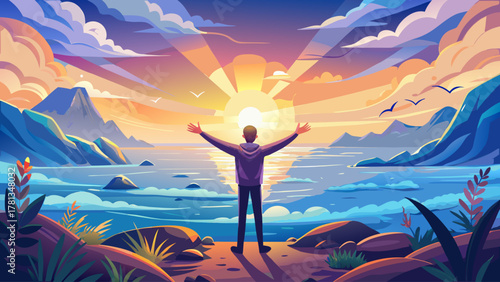 A traveler facing the glowing horizon by the sea, arms outstretched in the fresh morning light, waves gently touching the shore, representing positivity, renewal, and connection with nature
