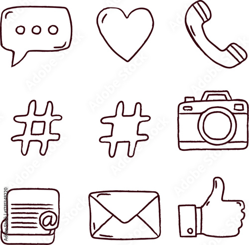 Hand Drawn Communication and Social Media Icon Set for Modern Digital Lifestyle Presentation