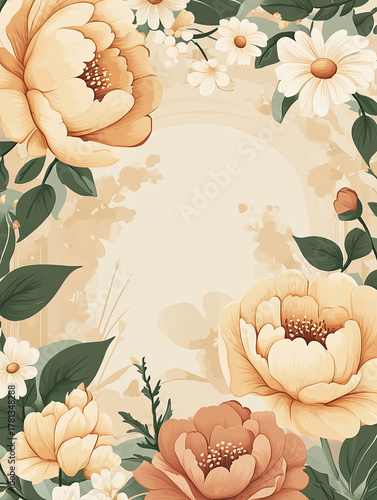 Floral design featuring soft peach and cream flowers with green leaves, creating beautiful and elegant background. Perfect for invitations or stationery
