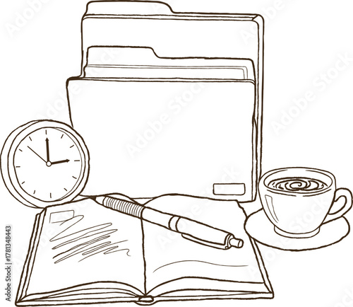 Office paperwork sketch with clock open notebook pen and coffee cup illustration drawing