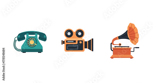 Retro devices collection: vintage telephone, classic camera, and old-fashioned gramophone