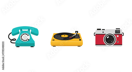 Retro devices collection: vibrant telephone, turntable, and camera icons