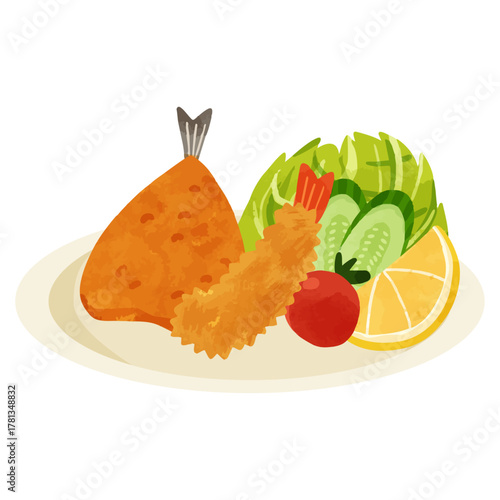 アジフライとエビフライのミックスプレート　水彩風手描きベクターイラスト