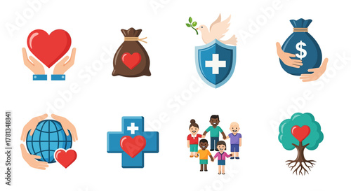 Charity and support icons collection: heart, hands, dove, shield, and community symbols