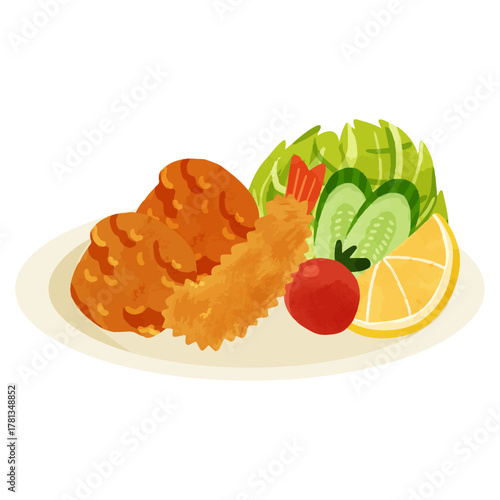 鶏の唐揚げとエビフライのミックスプレート　水彩風手描きベクターイラスト