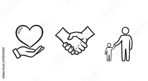 Simple outline symbols of care, agreement, and mentorship
