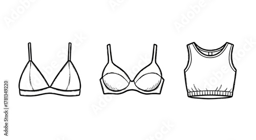 Minimalist fashion sketch of three bras in black and white design