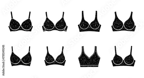 Hand drawn bra varieties: stylish black lingerie collection on white background
