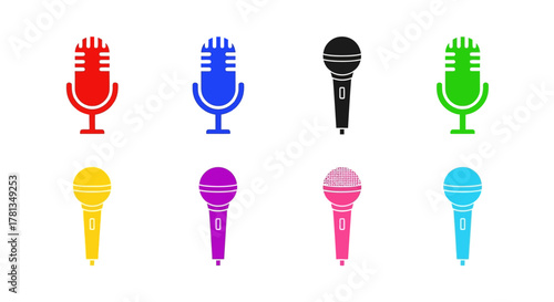 Colorful microphones set in flat design for music and podcast themes
