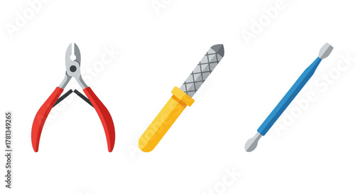 Set of manicure tools with pliers, nail file, and cuticle pusher in flat design