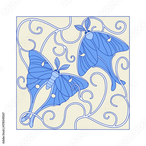 Art nouveau luna moth and decorative vine hand drawn monochrome blue print on beige background