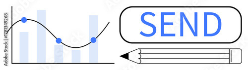 Graph with trend line and data points alongside pencil and send button. Ideal for analytics, communication, productivity, education, collaboration, planning, and information sharing. Simple flat