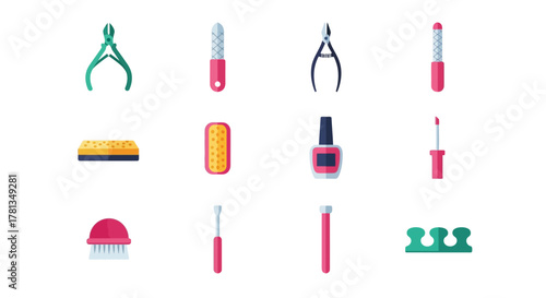Manicure tools collection: pliers, nail files, polish, and more in flat style