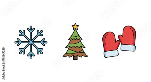 Festive holiday icons: snowflake, christmas tree, and mittens on white background